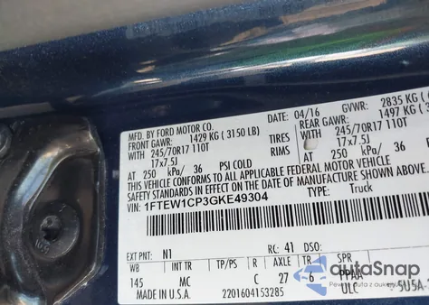 2016 Ford F-150 Xlt z USA, uszkodzony, nr VIN 1FTEW1CP3GKE49304